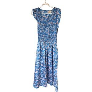 MELLODAY Blue Floral Smocked Ruffle Sleeve Maxi Dress Midi‎